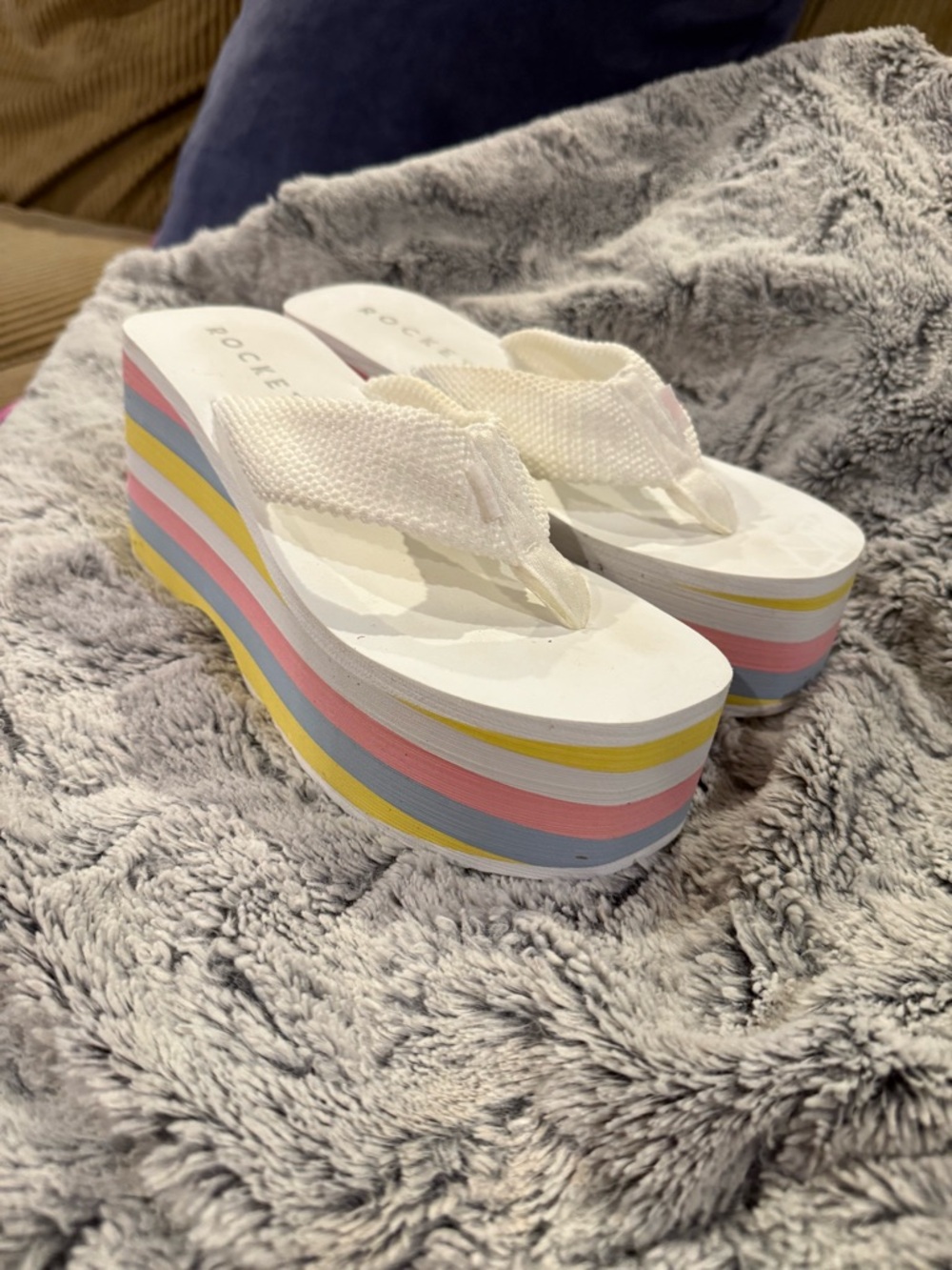 Rocket Dog White Platform Flip-Flops with Pastel Stripe Wedge